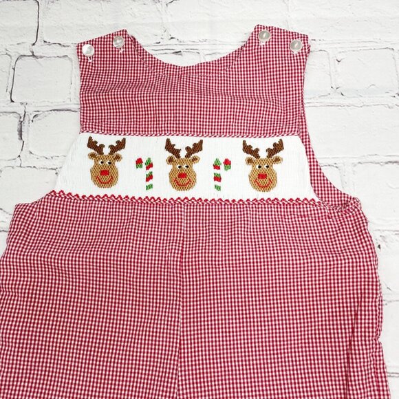Anavini Smocked Reindeer Faces Shortall 3 mos Red Gingham Plaid - Picture 3 of 8